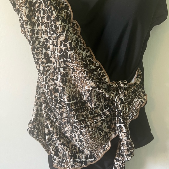 Black and leopard one piece swimsuit. Cross tie sash.  Worn once. Fits like a 6 - Picture 2 of 7